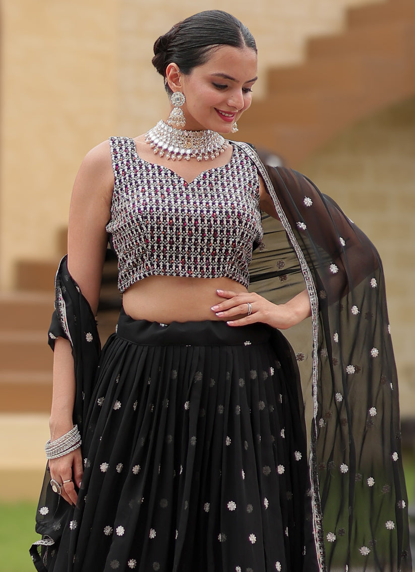 Black Faux Georgette Sequins Embroidered Lehenga Choli