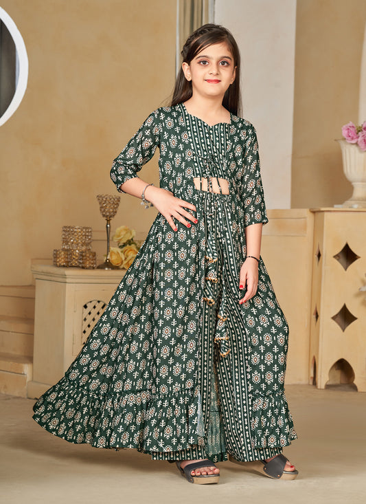 Moss Green Muslin Printed Kids Girl IndoWestern