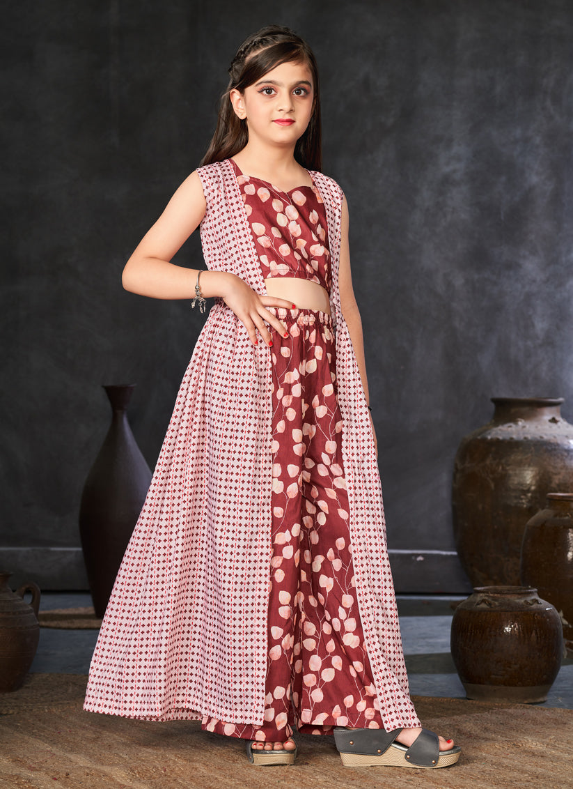 Rust Red and Off White Muslin Printed Kids Girl IndoWestern