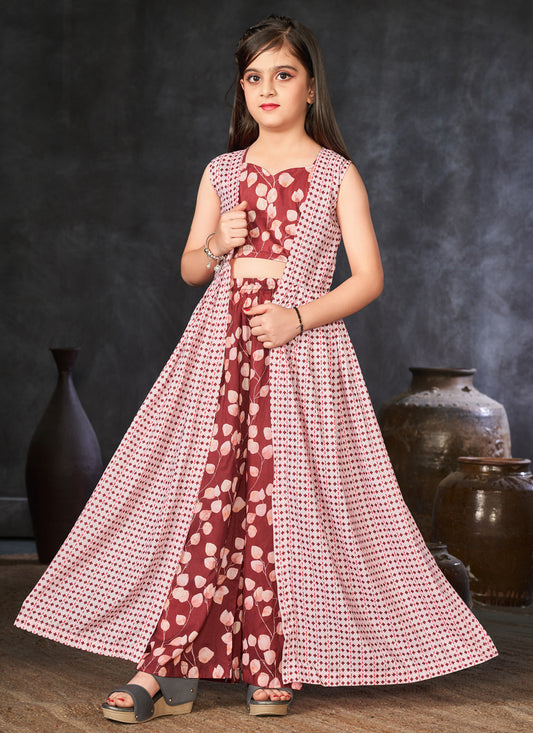 Rust Red and Off White Muslin Printed Kids Girl IndoWestern