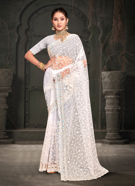 White Net Resham Embroidered Saree