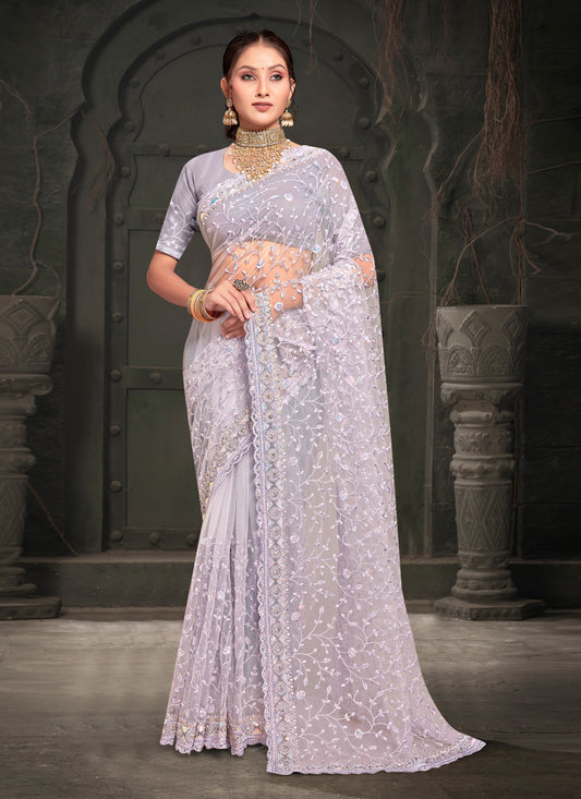 Lavender Net Resham Embroidered Saree