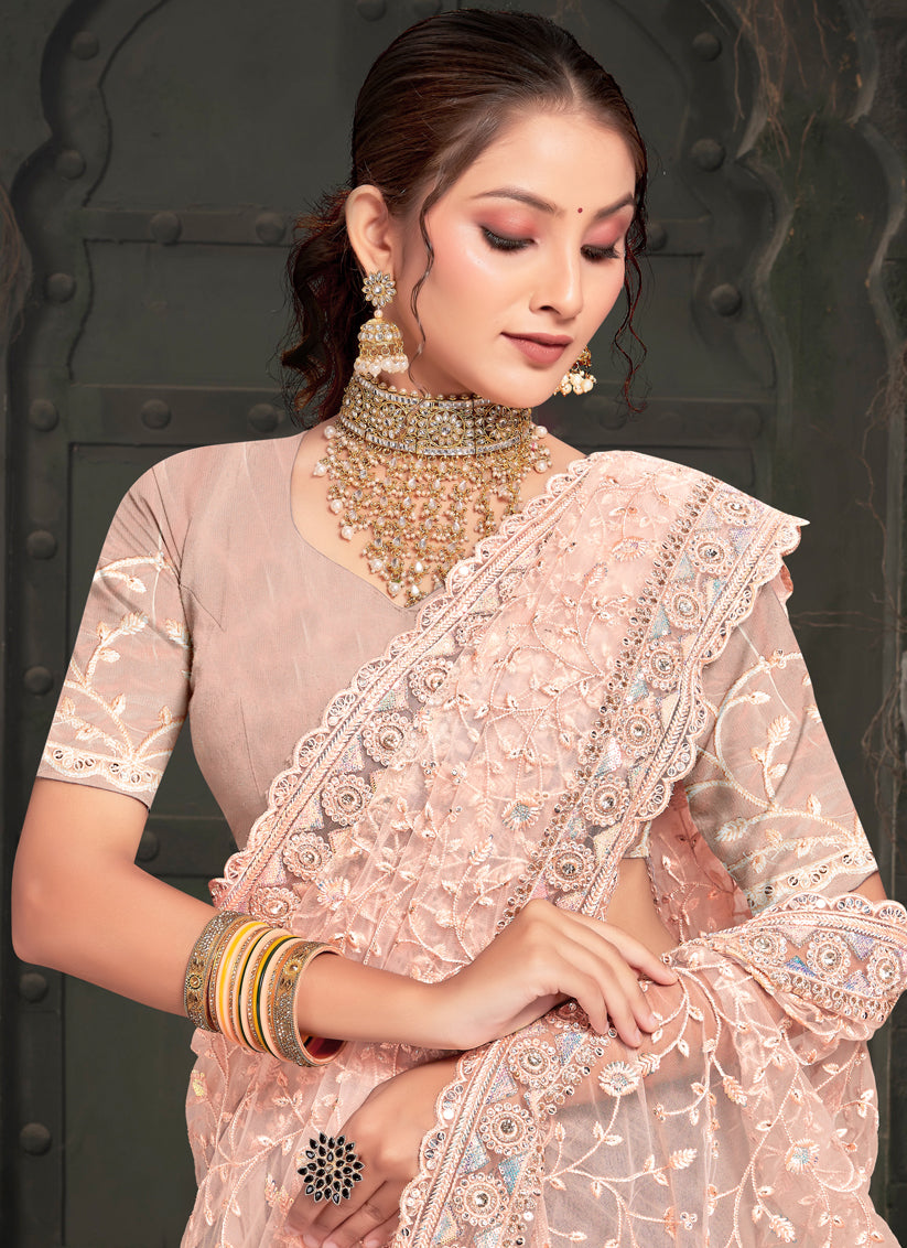 Blush Peach Net Resham Embroidered Saree