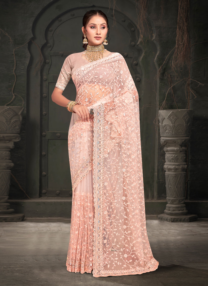 Blush Peach Net Resham Embroidered Saree