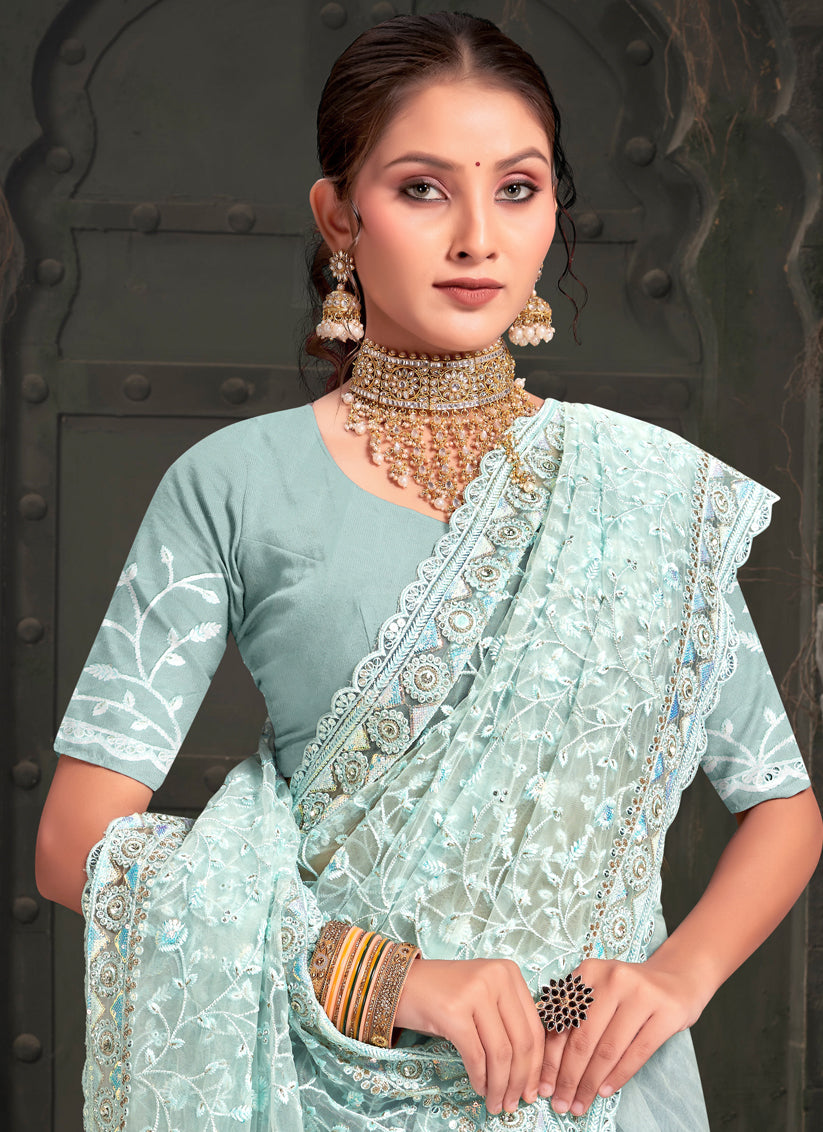 Ice Blue Net Resham Embroidered Saree