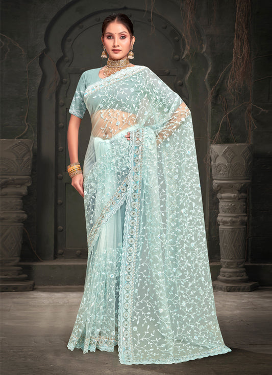 Ice Blue Net Resham Embroidered Saree