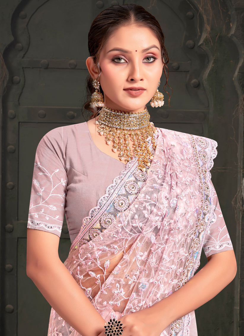 Blush Pink Net Resham Embroidered Saree