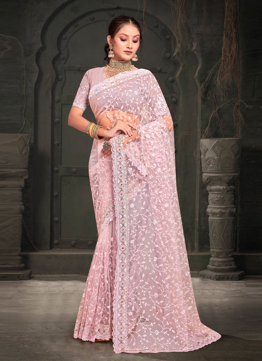 Blush Pink Net Resham Embroidered Saree