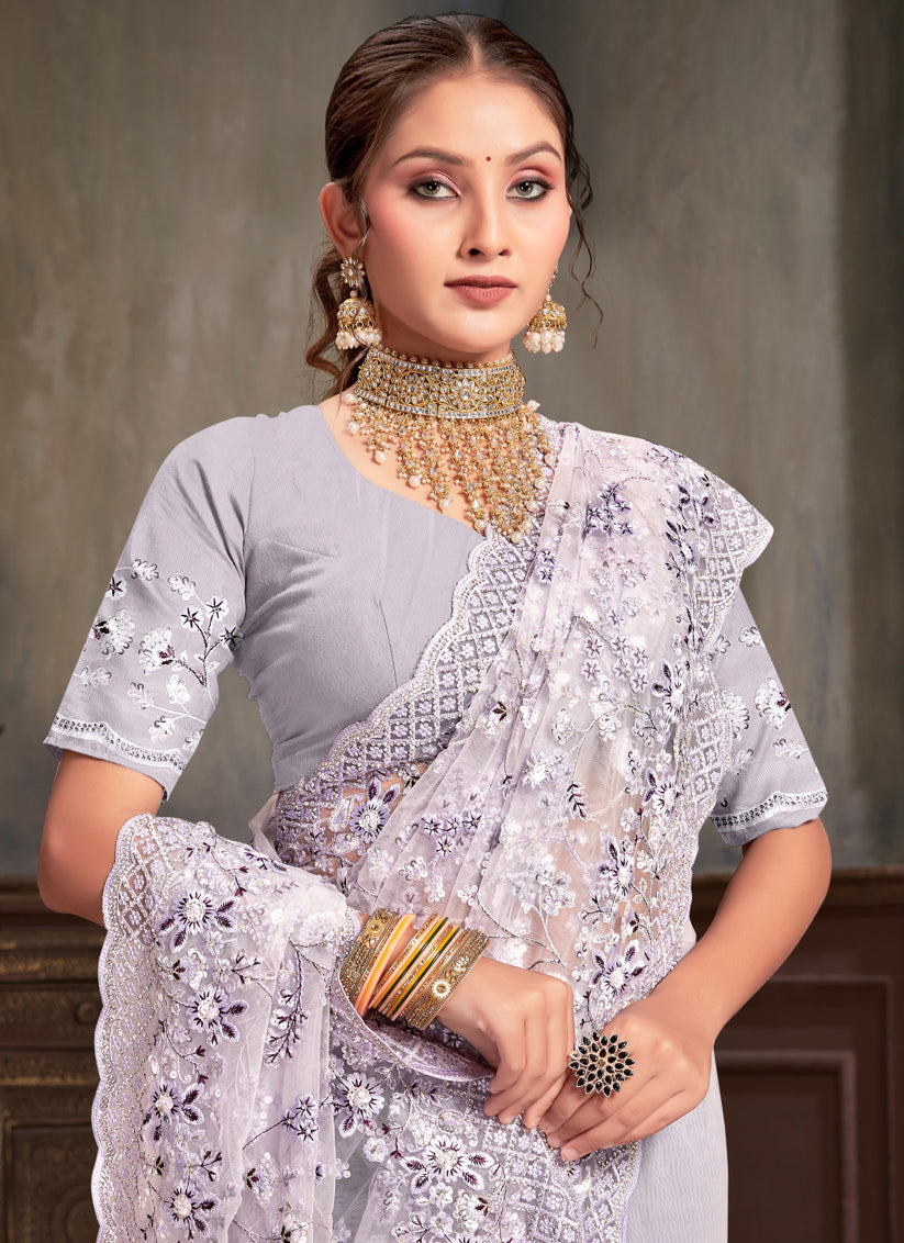 Lavender Net Resham Embroidered Saree