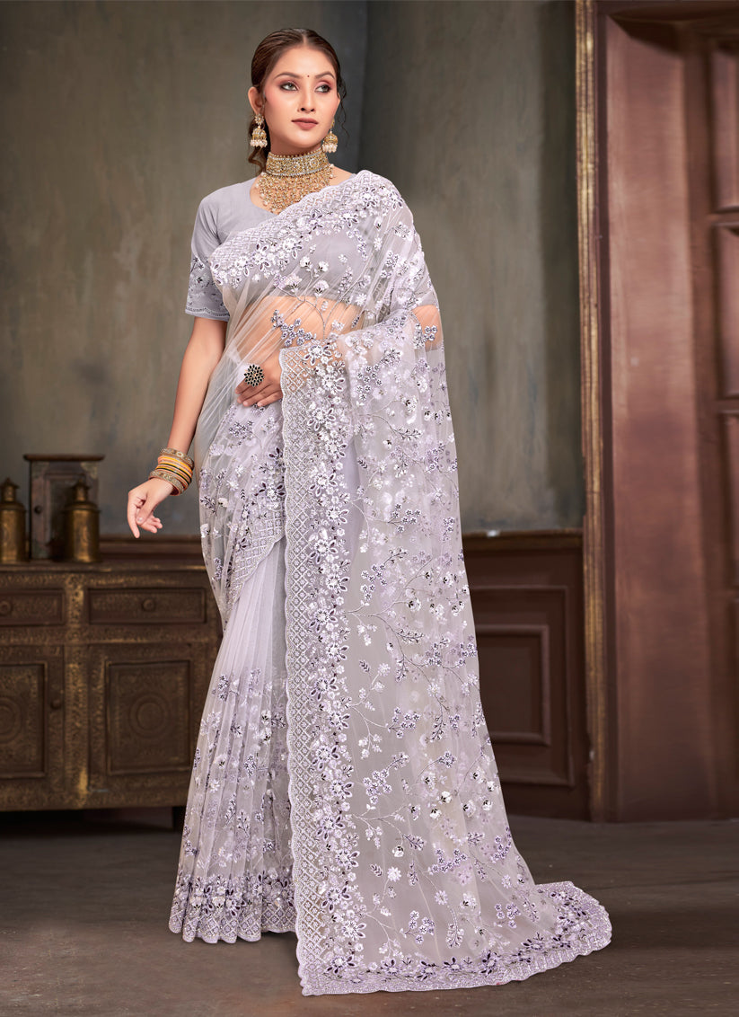 Lavender Net Resham Embroidered Saree