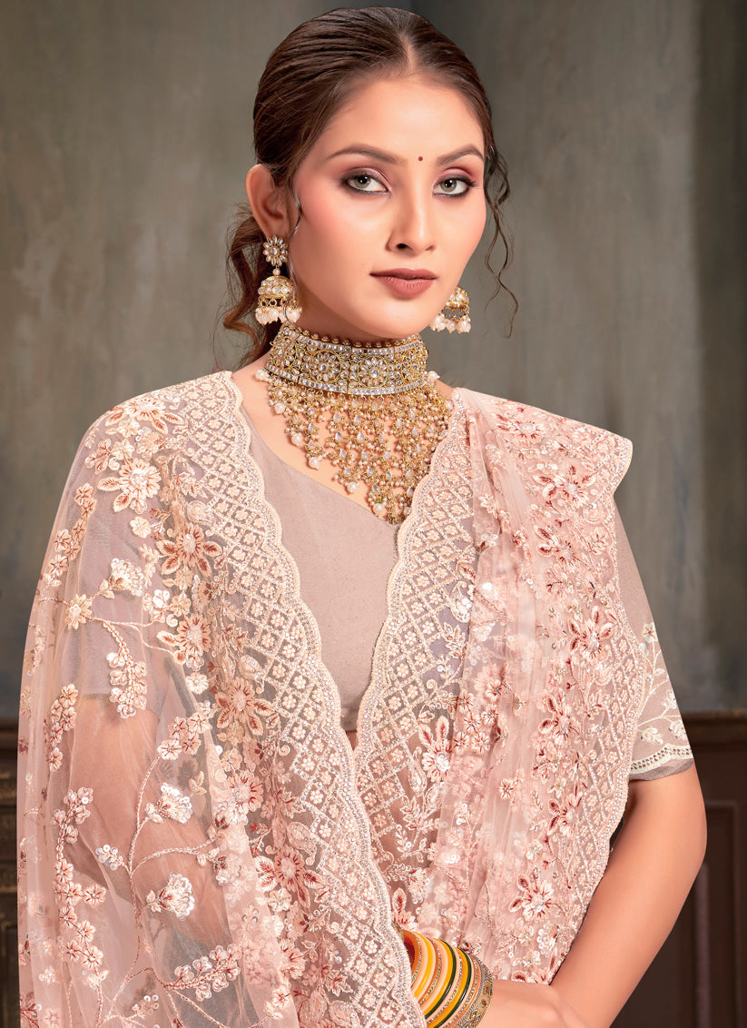 Blush Peach Net Resham Embroidered Saree