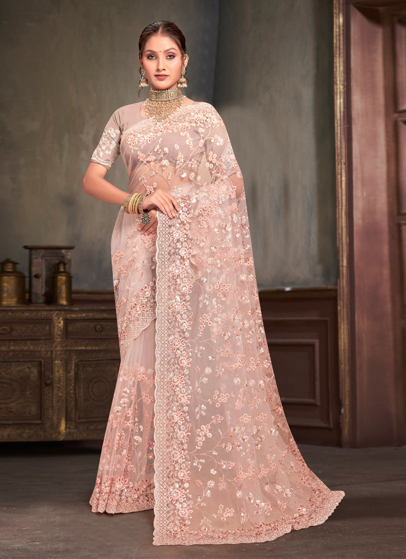 Blush Peach Net Resham Embroidered Saree