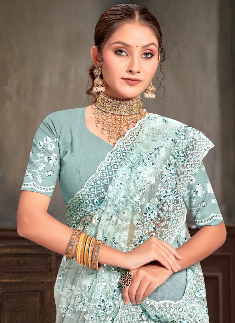 Ice Blue Net Resham Embroidered Saree