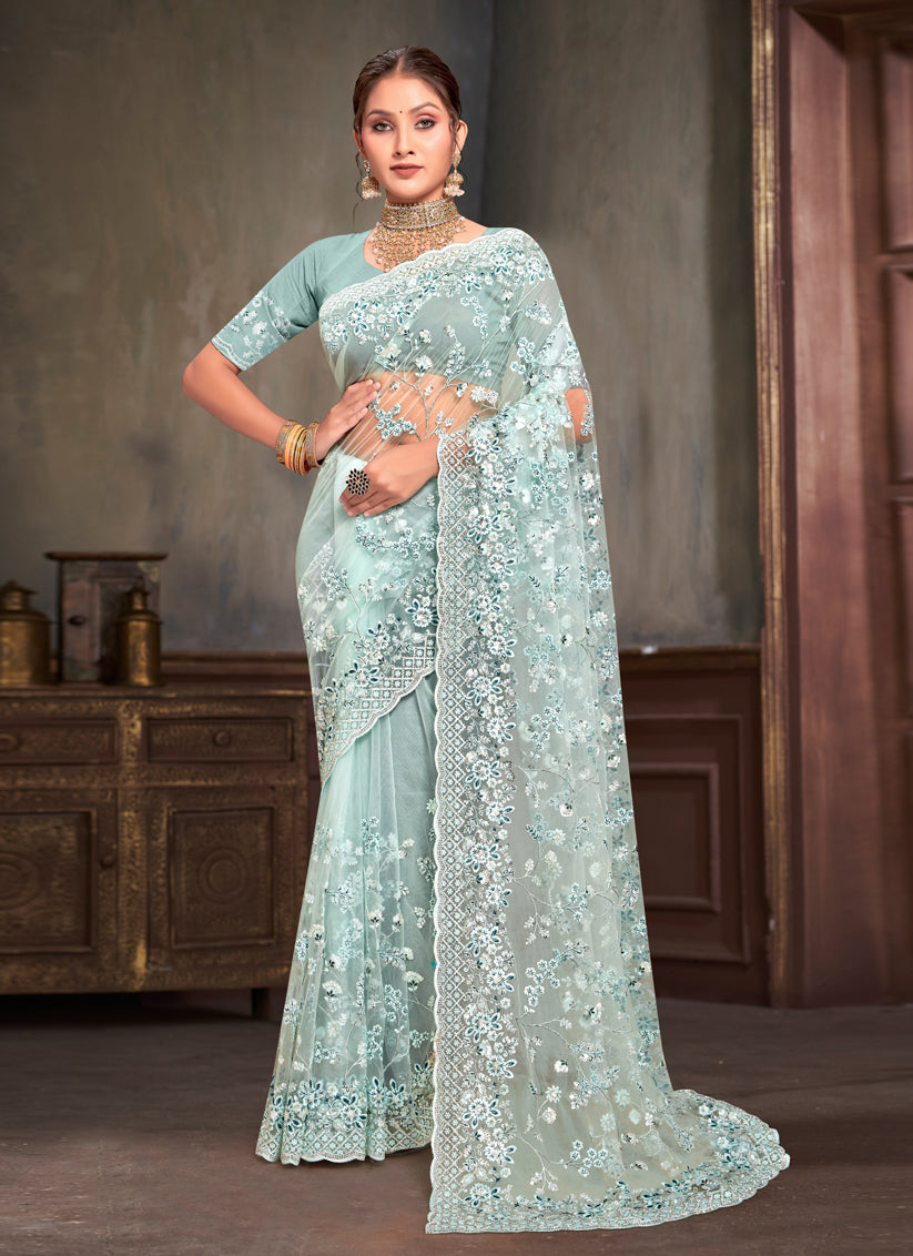 Ice Blue Net Resham Embroidered Saree