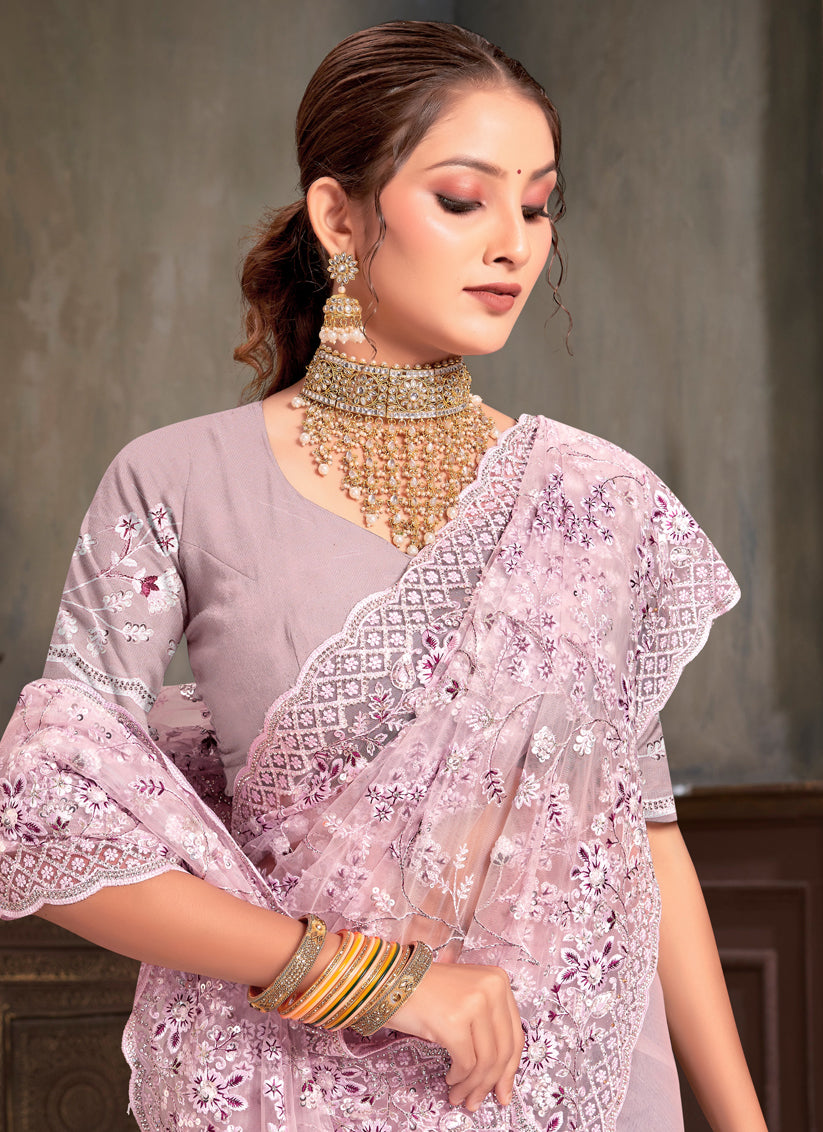 Blush Pink Net Resham Embroidered Saree