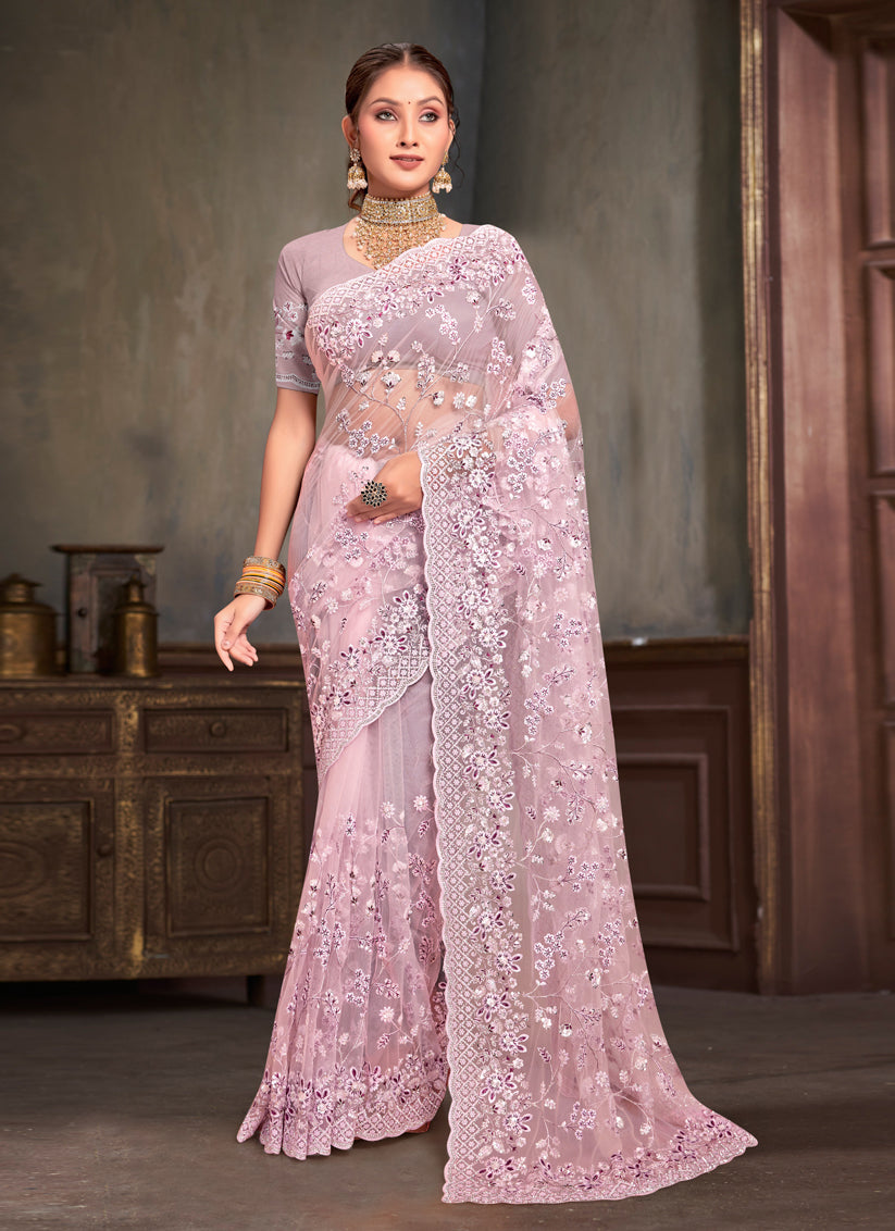 Blush Pink Net Resham Embroidered Saree