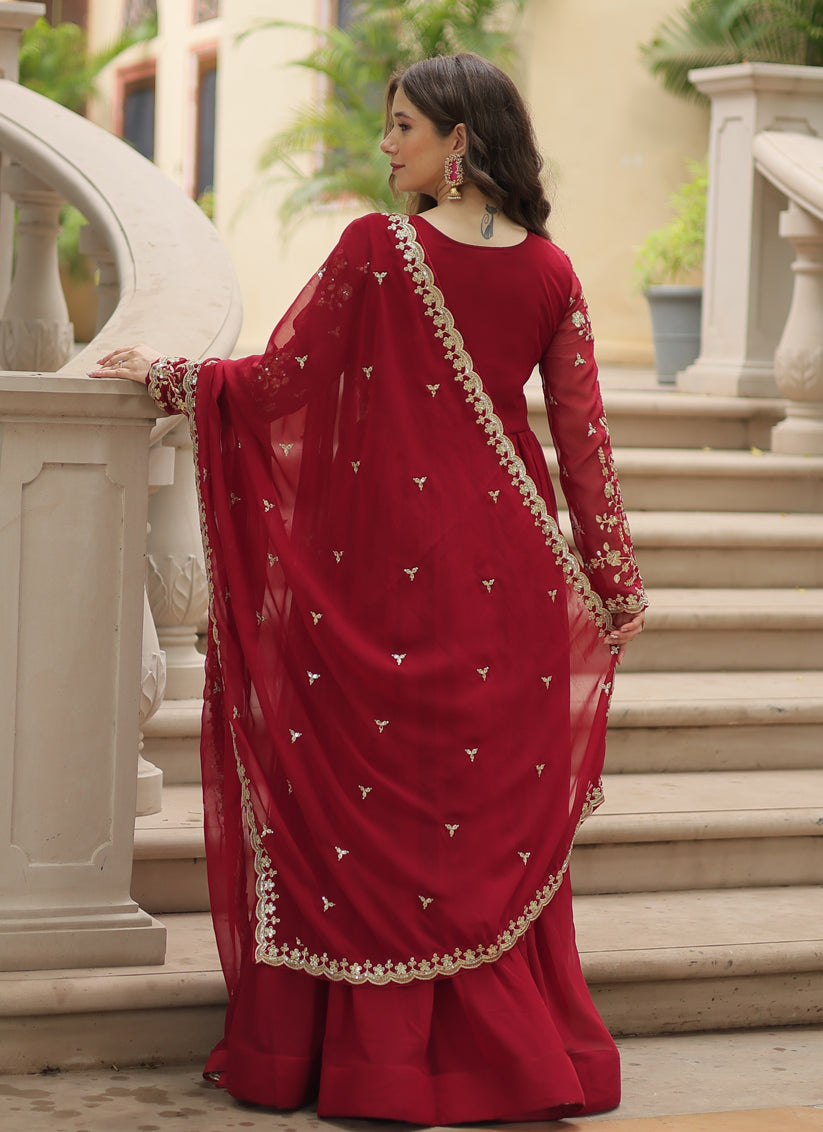 Maroon Faux Georgette Embroidered Gown with Dupatta