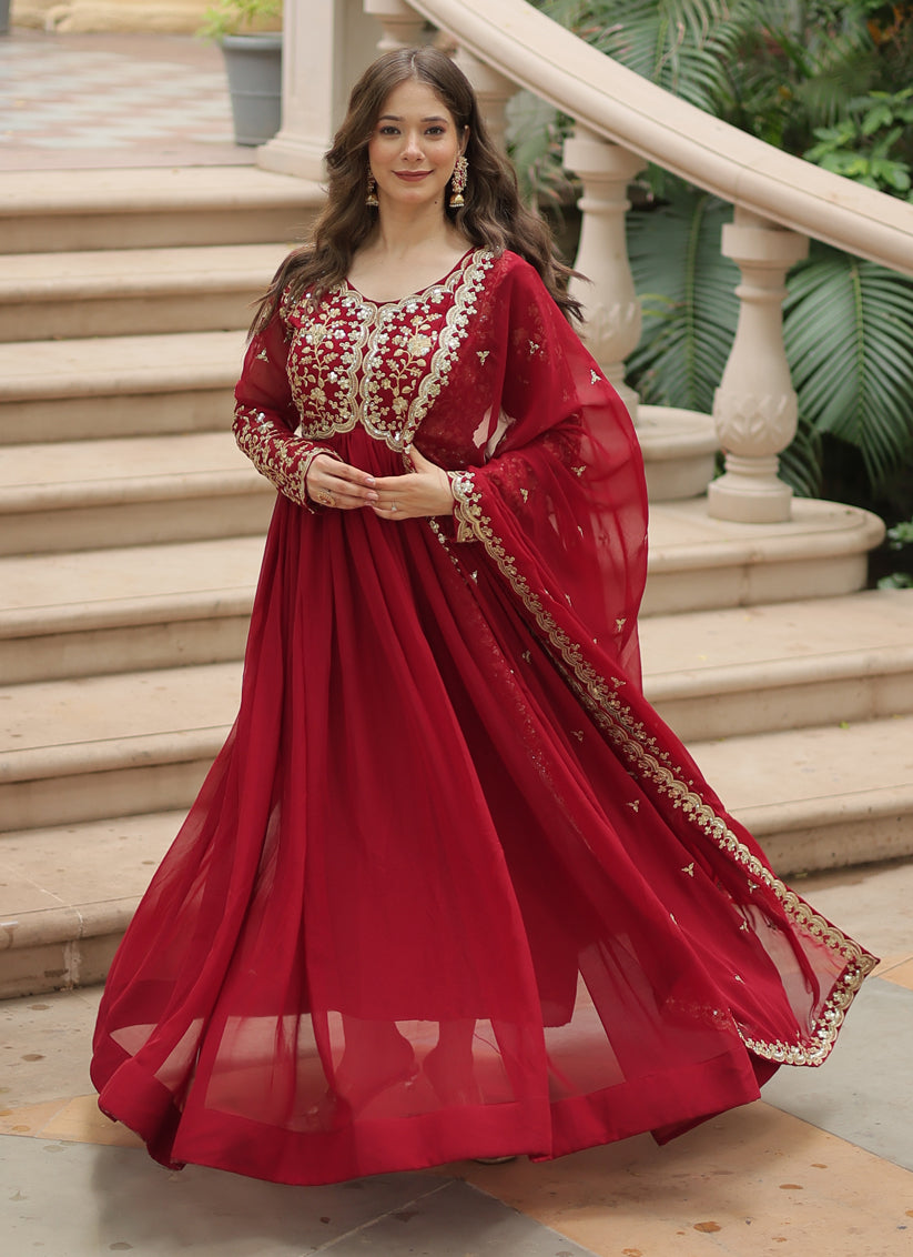 Maroon Faux Georgette Embroidered Gown with Dupatta