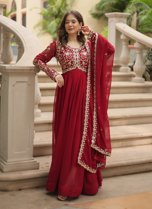 Maroon Faux Georgette Embroidered Gown with Dupatta