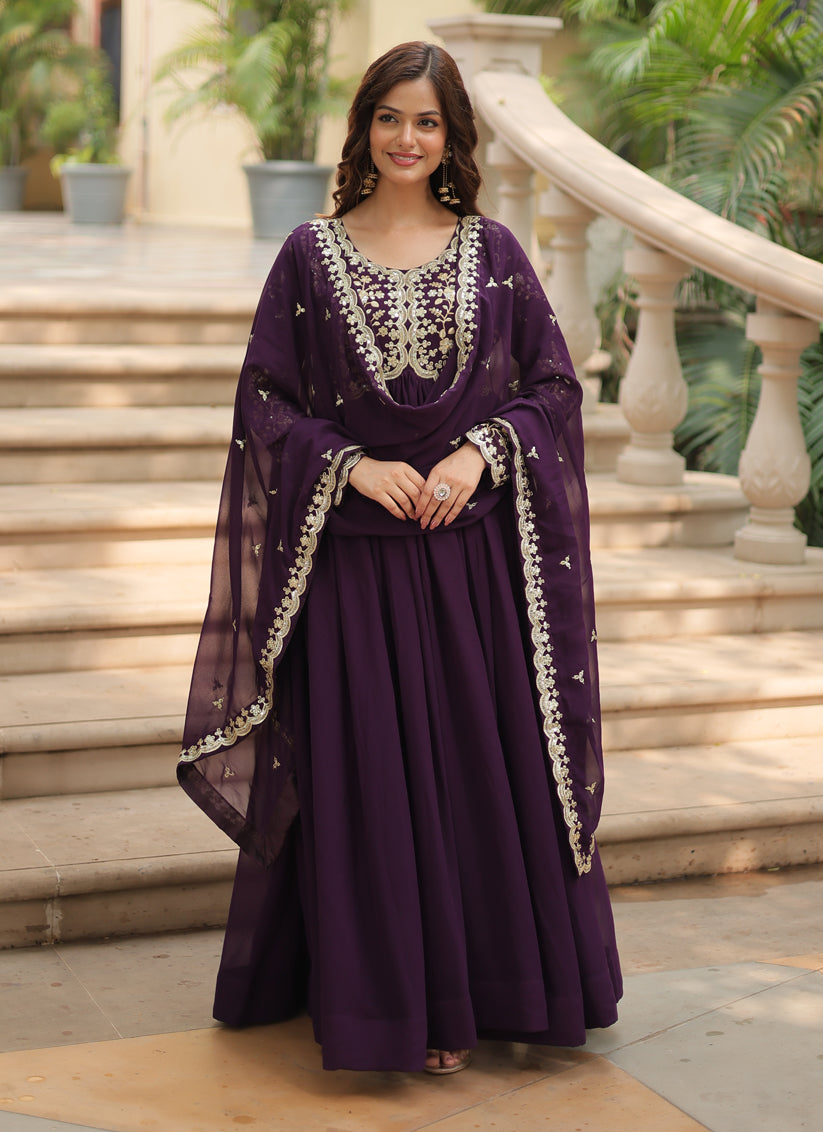 Burgundy Faux Georgette Embroidered Gown with Dupatta