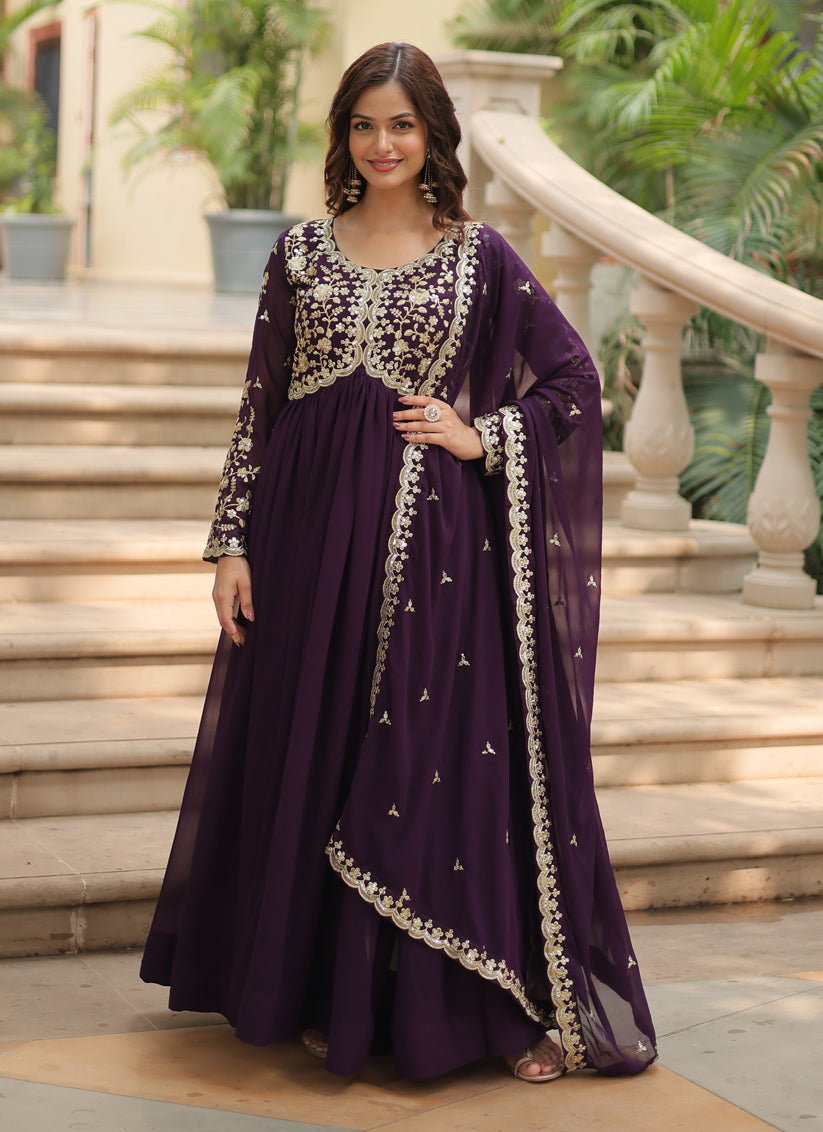 Burgundy Faux Georgette Embroidered Gown with Dupatta