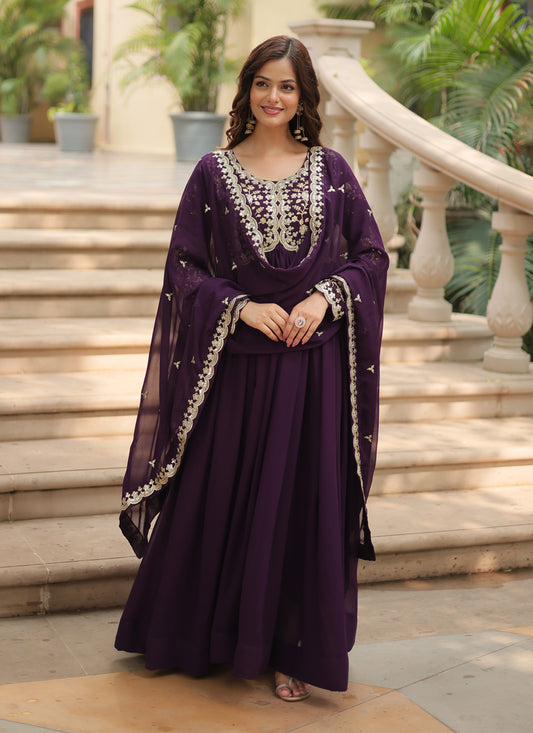 Burgundy Faux Georgette Embroidered Gown with Dupatta