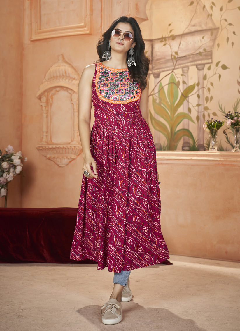 Fuchsia Rayon Gamthi Work Festival Kurti