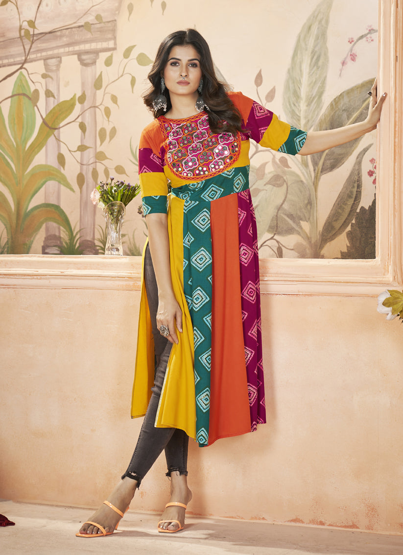 Multicolor Rayon Gamthi Work Festival Kurti