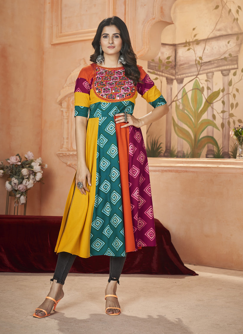 Multicolor Rayon Gamthi Work Festival Kurti