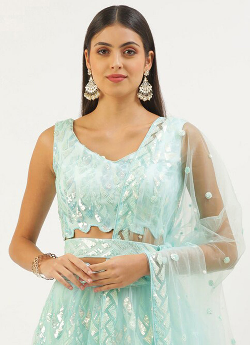 Ice Blue Net Embroidered Designer Lehenga Choli