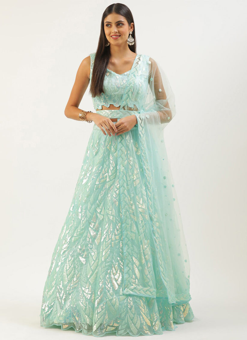 Ice Blue Net Embroidered Designer Lehenga Choli