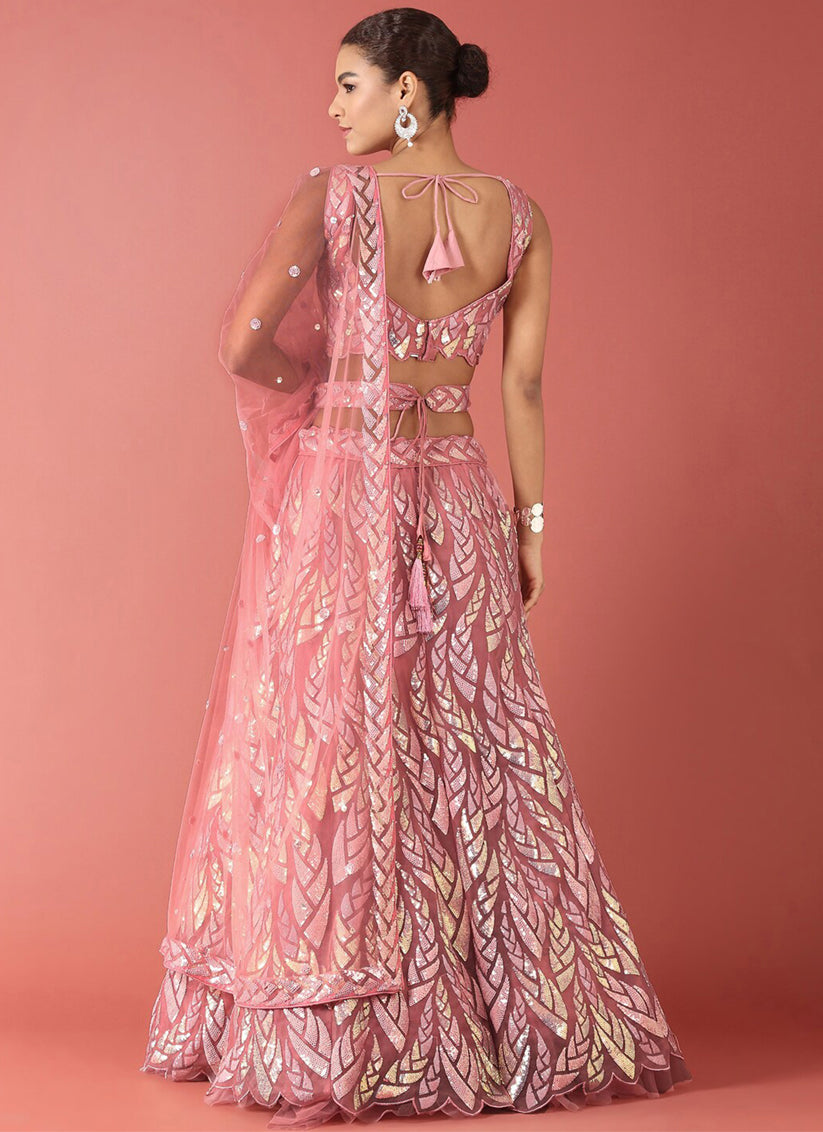 Carnation Pink Net Embroidered Designer Lehenga Choli