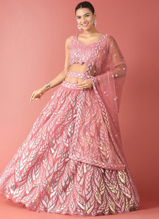 Carnation Pink Net Embroidered Designer Lehenga Choli