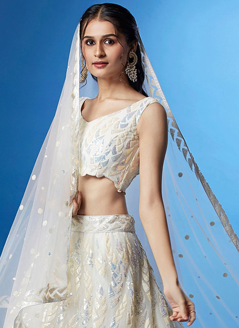 Pearl White Net Embroidered Designer Lehenga Choli