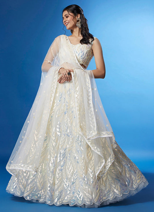 Pearl White Net Embroidered Designer Lehenga Choli