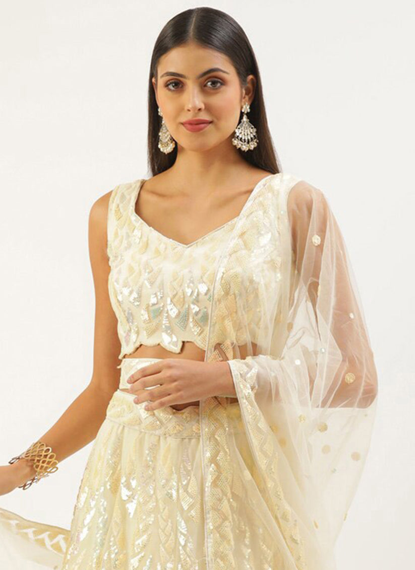 Pastel Yellow Net Embroidered Designer Lehenga Choli