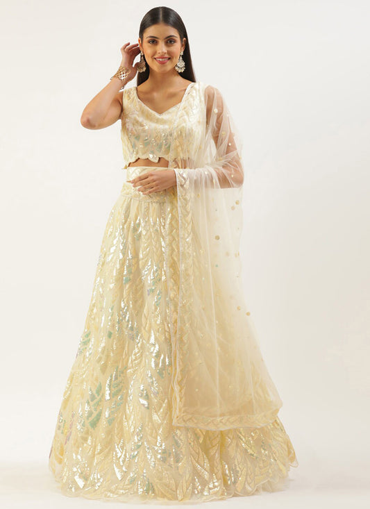 Pastel Yellow Net Embroidered Designer Lehenga Choli