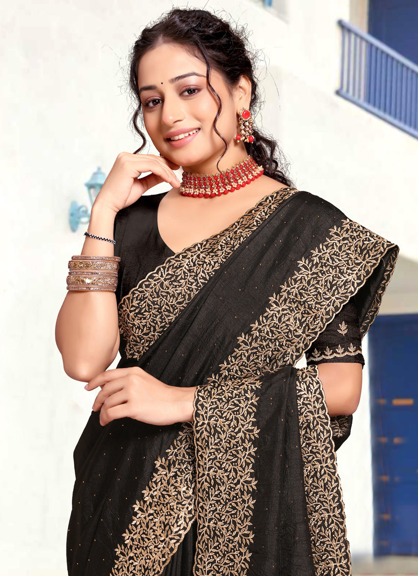 Black Art Silk Embroidered Festival Saree