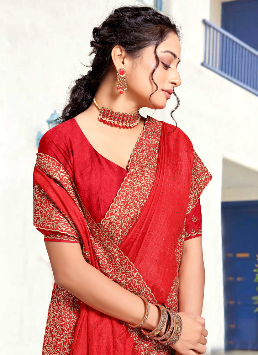 Candy Red Art Silk Embroidered Festival Saree