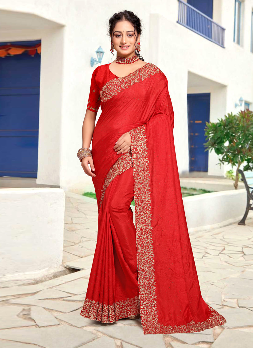 Candy Red Art Silk Embroidered Festival Saree