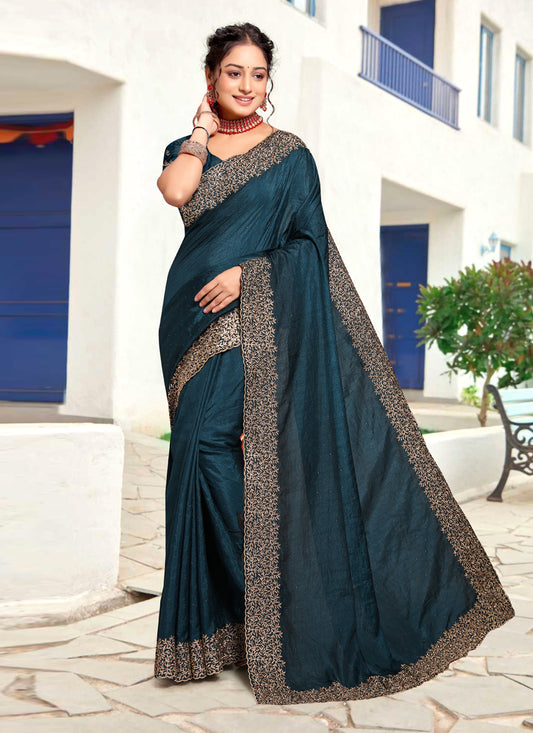 Prussian Blue Art Silk Embroidered Festival Saree