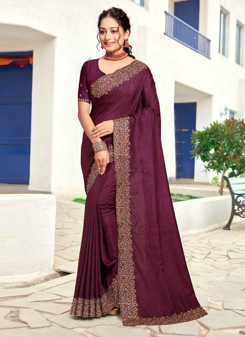 Burgundy Art Silk Embroidered Festival Saree