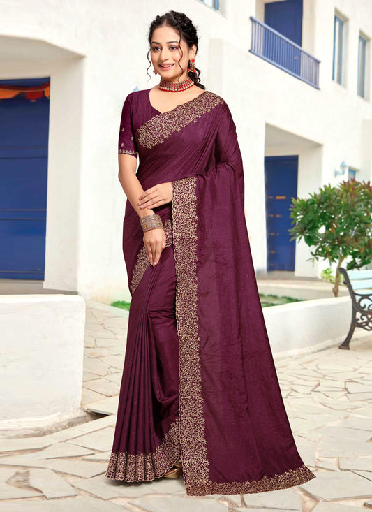 Burgundy Art Silk Embroidered Festival Saree