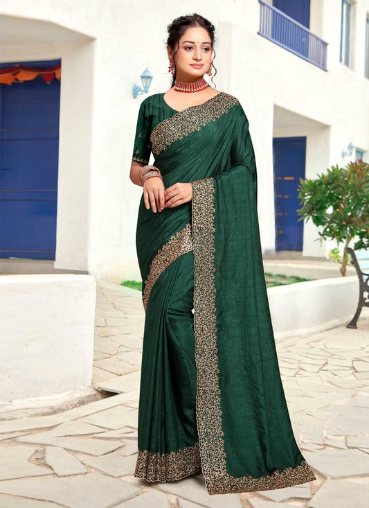Bottle Green Art Silk Embroidered Festival Saree