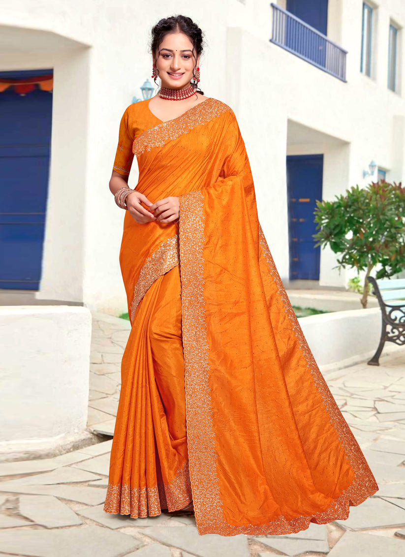 Sunset Yellow Art Silk Embroidered Festival Saree