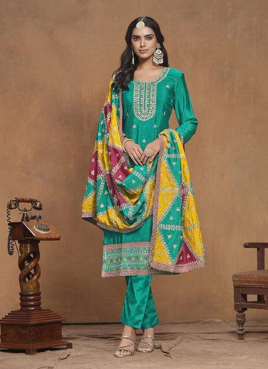 Rama Green Chinnon Silk Embroidered Pant Kameez