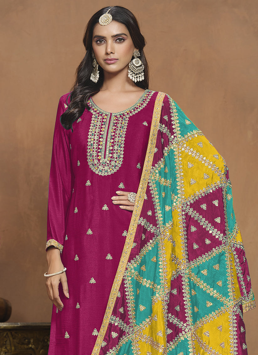 Raspberry Pink Chinnon Silk Embroidered Pant Kameez