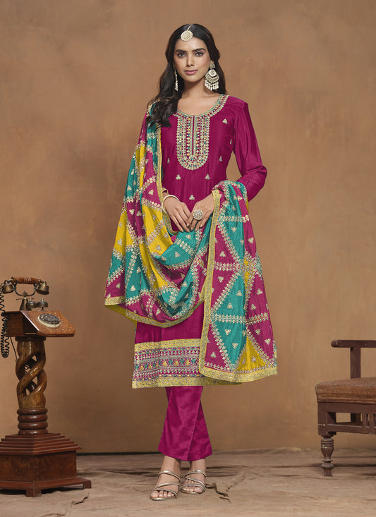 Raspberry Pink Chinnon Silk Embroidered Pant Kameez