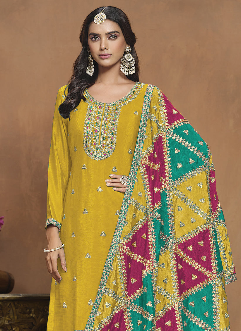 Maize Yellow Chinnon Silk Embroidered Pant Kameez