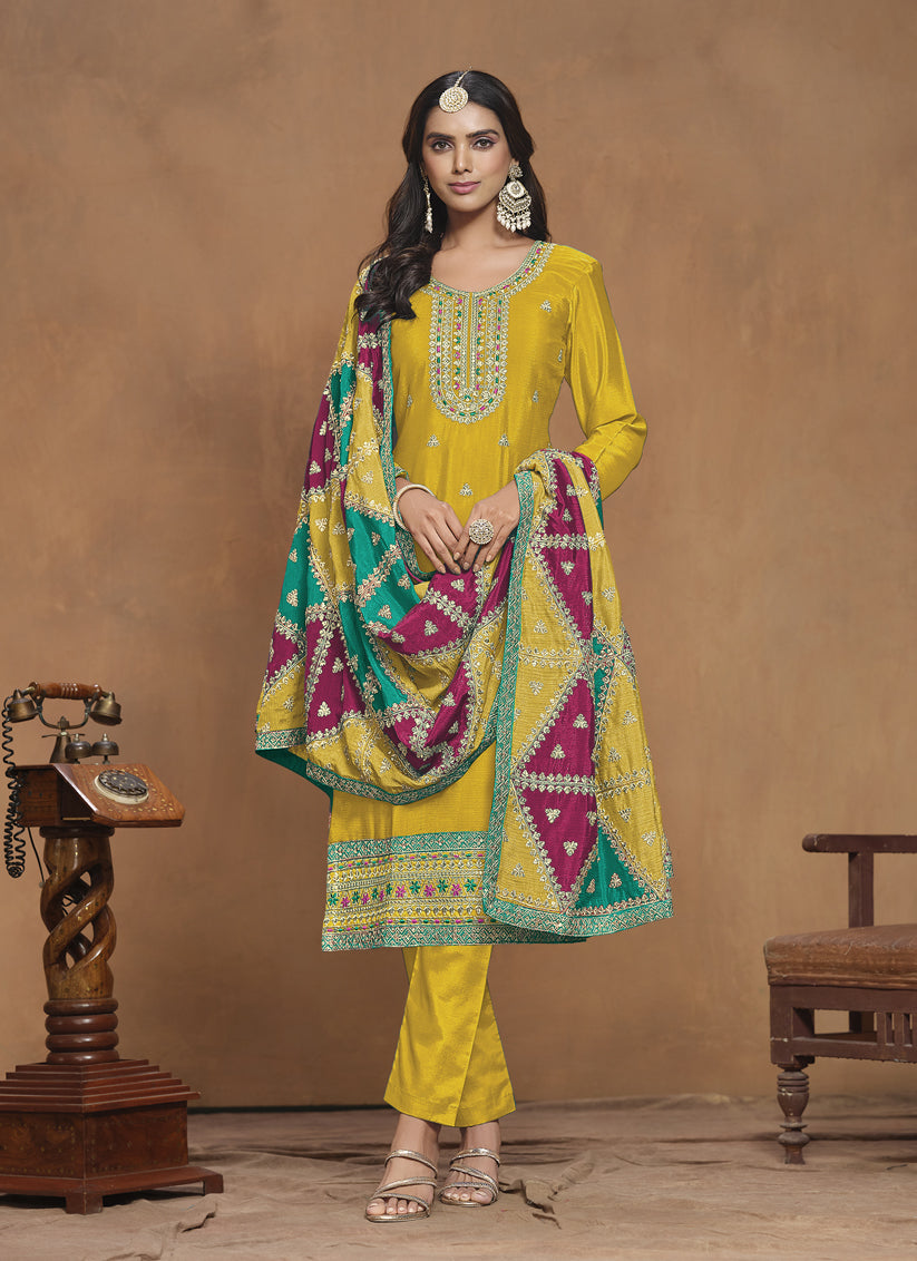 Maize Yellow Chinnon Silk Embroidered Pant Kameez